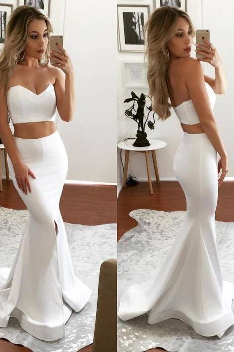 White Prom Dress,Mermaid Prom Dress,Two Piece Prom Dress,Slit Dress,Sexy Long Evening Gowns,Satin Gowns