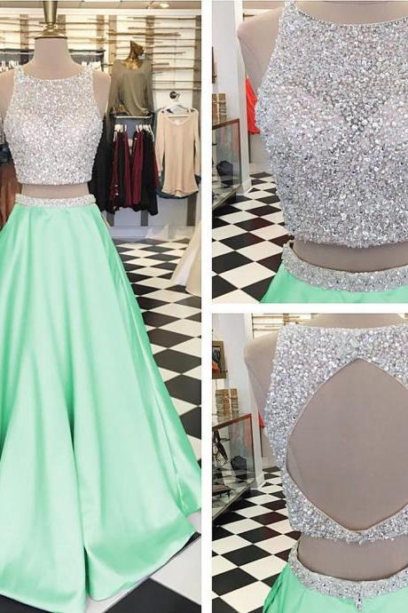 Mint Green Prom Dress,two Piece Prom Dresses,sequins Beaded Dress, Keyhole Back Dress,prom Dress Ball Gowns 2017