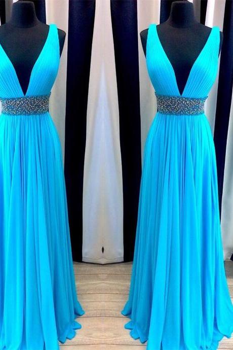 V Neck Prom Dresses,blue Prom Gowns,chiffon Prom Dresses,floor Length Dress,sexy Long Evening Dress