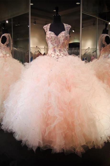 Champagne Blush Ball Gowns Quinceanera Dresses Organza Ruffles 2017 Lace Appliques