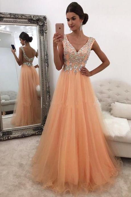 Coral Prom Dress, V Neck Prom Dress,sexy Party Dress,crystal Beaded Evening Dress,prom Dresses 2017