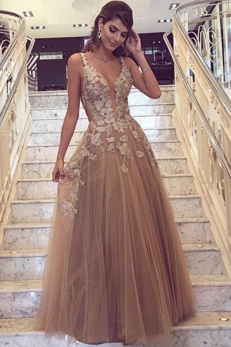 Champagne Prom Dresses,Tulle Evening Gowns,Lace Appliques Dress,Sexy Prom Dress,Prom Dresses 2017