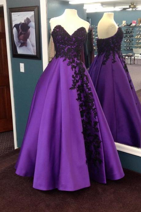 Purple Ball Gowns,black Lace Appliques Dress,sweetheart Prom Dress,quinceanera Dresses 2017