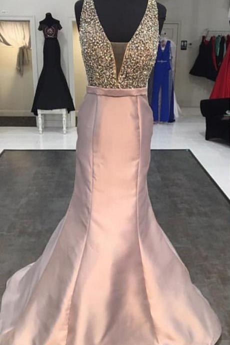 Sexy V Neck Prom Dress,satin Formal Dress,mermaid Prom Dress 2017,beaded Mermaid Evening Gowns