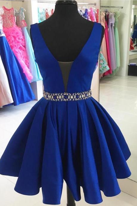 sexy v neck prom short dresses, satin gowns,royal blue homecoming dress,short cocktail dress