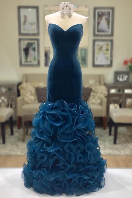 mermaid prom dress,navy blue evening gowns,ruffles dress,sweetheart prom dress,sexy evening gowns