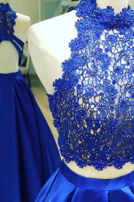 Halter Prom Dress,lace Crop Dress,two Piece Prom Dress,see Through Prom Dresses,royal Blue Ball Gowns
