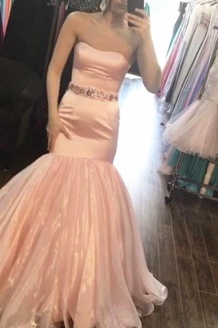 Blush Pink Satin Mermaid Prom Dresses With Crystal Beaded Sashes 2017