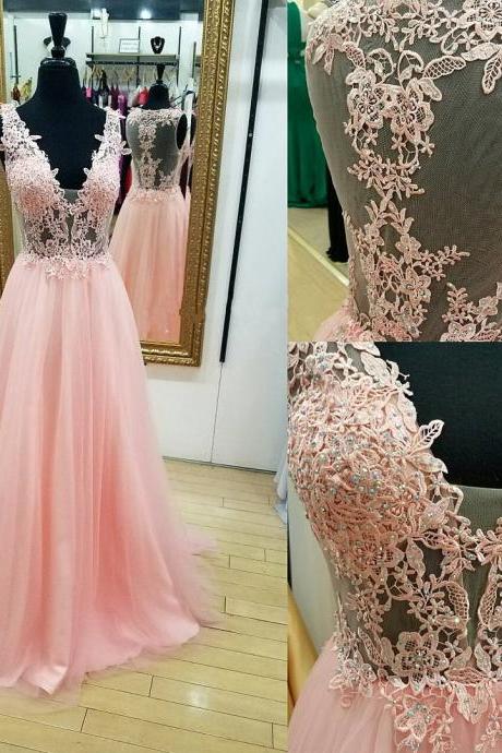 Pink Prom Dress,pink Evening Gowns, Pink Bridesmaid Dresses, Lace Appliques Prom Dress 2017