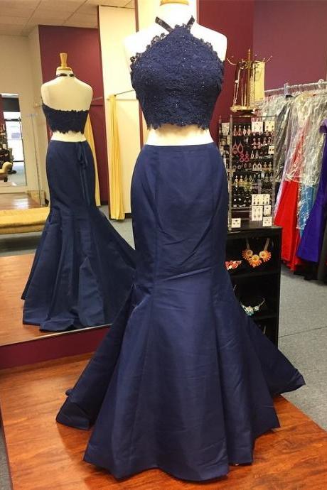 Two Piece Prom Dress,mermaid Prom Dress,halter Prom Dress,mermaid Evening Gowns 2017,navy Blue Prom Dresses
