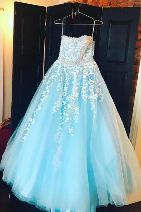 White Lace Embroidery Prom Dress,tulle Ball Gowns,strapless Prom Dress,wedding Party Dress,sky Blue Prom Dress,prom Gowns 2017