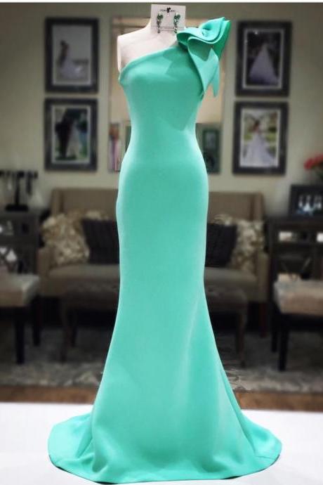 Mint Green Prom Dress,Mermaid Evening Gowns,One Shoulder Dress,Bow Dress,One Shoulder Bridesmaid Dresses