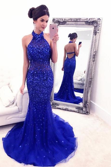 Royal Blue Evening Gowns,crystal Prom Dress,mermaid Prom Dresses,prom Dresses 2017,halter Prom Gowns