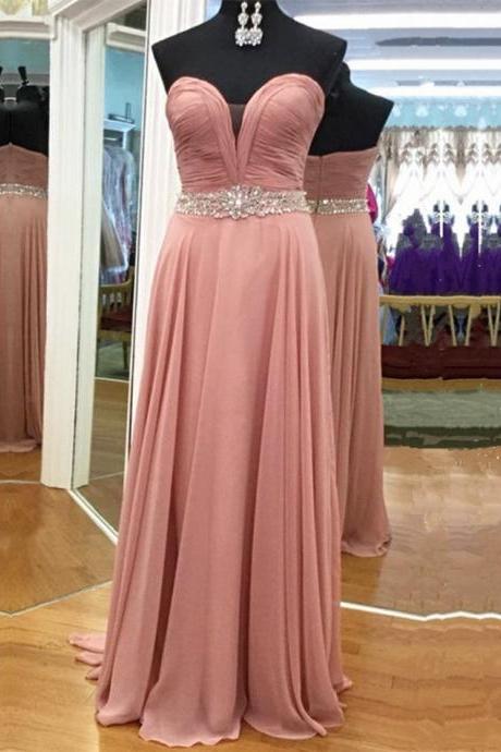 Pink Strapless Plunging V Ruched Beaded Floor-length Chiffon Prom Dress, Evening Dress