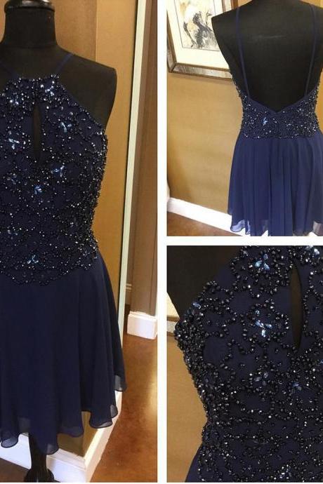 navy blue homecoming dresses,beaded prom dress,short prom dresses 2017,chiffon prom dress,beaded party dress