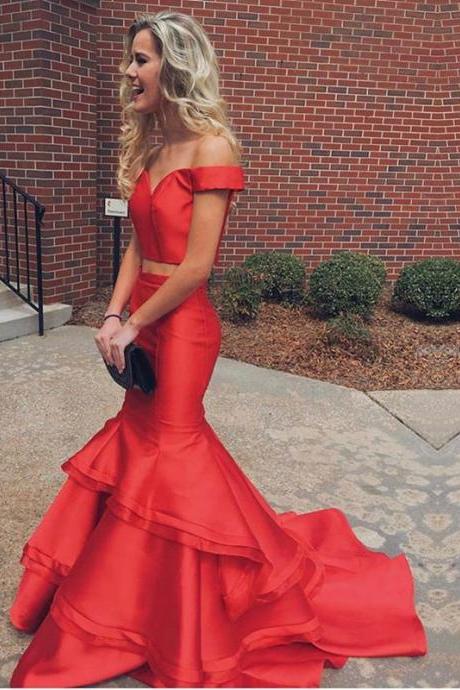 two piece prom dress,mermaid evening gowns,orange red prom dress,sexy long formal dresses,ruffles prom gowns