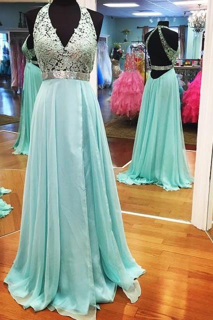 Light Blue Prom Dress,halter Prom Dress,open Back Prom Dress,chiffon Evening Gowns,prom Dresses 2017