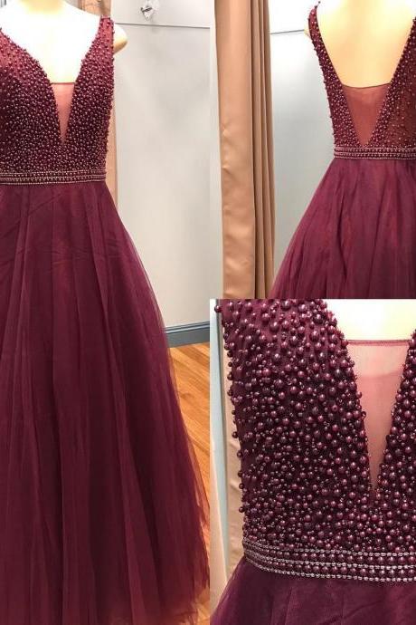 Burgundy Evening Dress,tulle Prom Dress,pearl Dresses,sexy Prom Dresses 2017,ball Gown Dresses