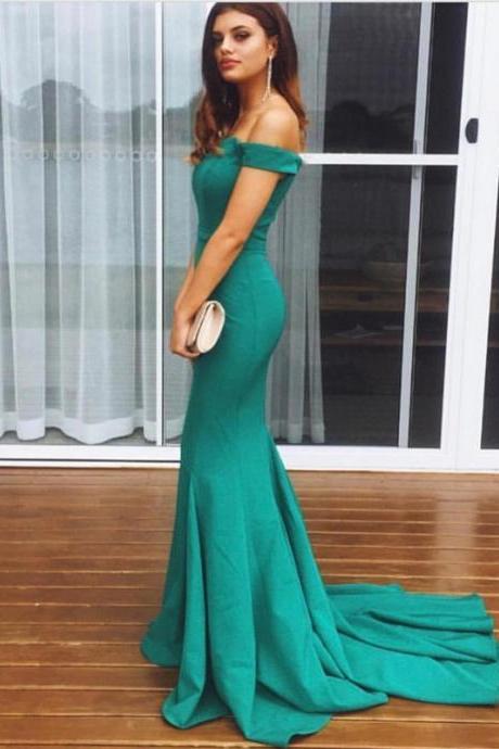 Green Off-the-shoulder Floor Length Mermaid Evening Dress Featuring Sweep Train