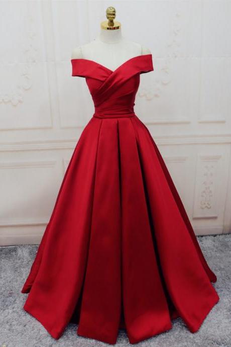 Red Satin Off-the-shoulder Plunge V Floor Length Ball Gown Featuring Lace-up Back, Prom Dress, Formal Dress