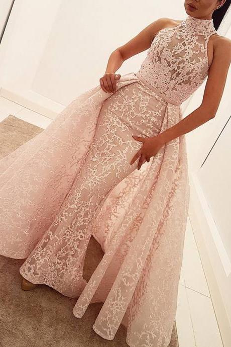 High Neck Prom Dress,lace Evening Dress,mermaid Evening Gowns,elegant Prom Dress,removable Skirt Prom Dress,pink Evening Gowns