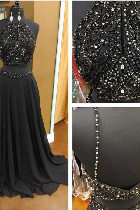 black prom dresses,chiffon prom gowns,two piece prom dress,beading prom dresses,long evening gowns