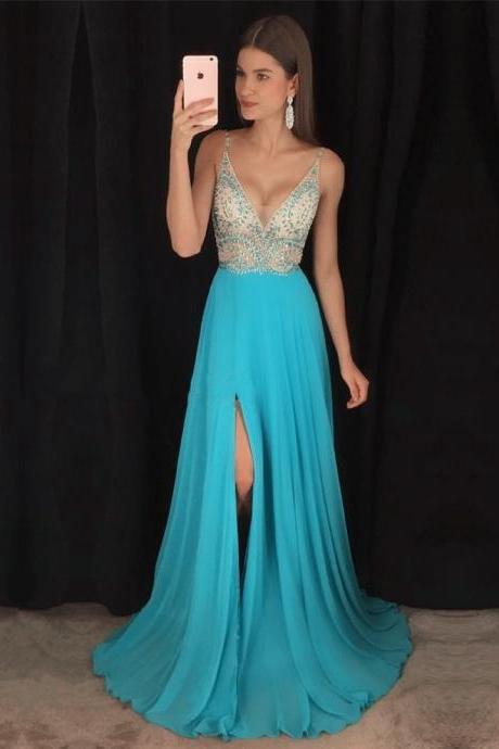 Beaded Embellished Plunge V Sleeveless Floor Length Chiffon A-line Prom Dress Featuring Slit And Sweep Train, Evening Dress