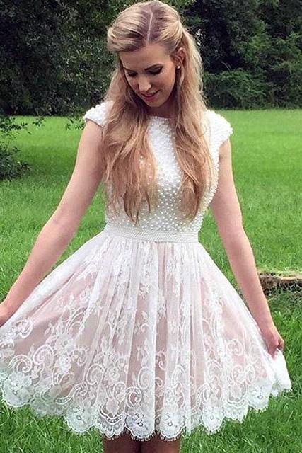 White Pearl Beaded Lace Homecoming Dresses Short Prom Party Dresses