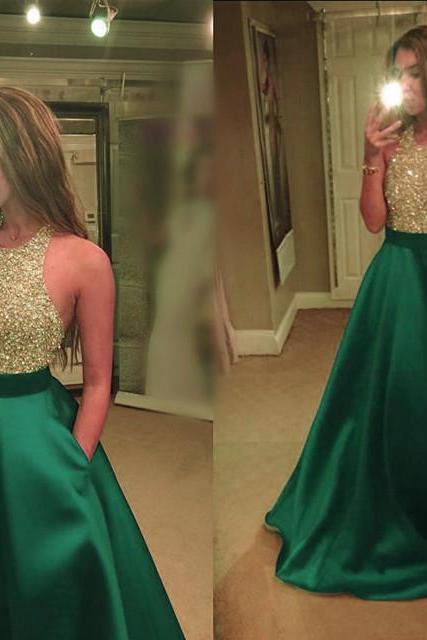Jewelry Neck Prom Dresses,green Prom Dresses,ball Gowns Prom Dress,satin Evening Gowns,gold Beaded Dress