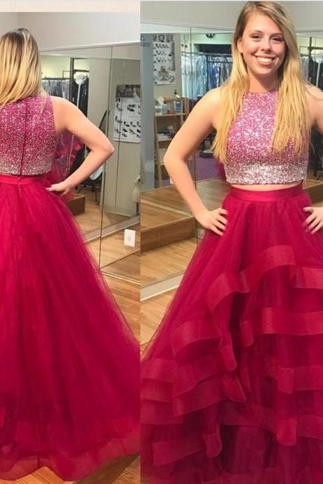 two piece prom dress,ball gowns prom dress,ombre prom dress,ruffles dress,beaded prom dress