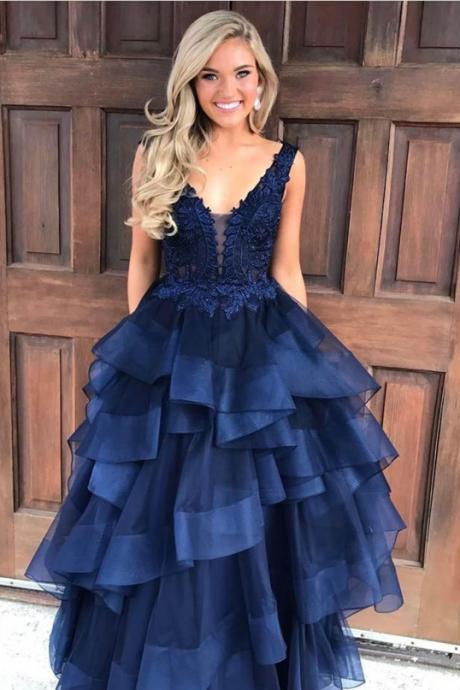 Navy Blue Lace Appliques Plunge V Sleeveless Floor Length Tulle Ruffled Ball Gown, Prom Gown