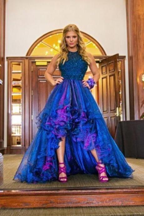 High Low Prom Dress,ruffles Dress,halter Prom Dresses,beaded Prom Dress,prom Dresses 2017