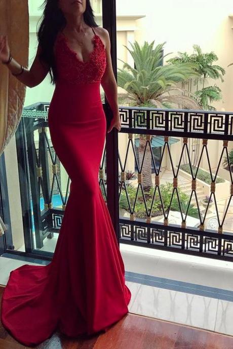red mermaid dress,v neck evening gowns,long prom dress,sexy prom dress,elegant prom dress lace appliques