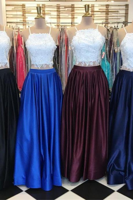 two piece prom dress,lace crop prom dress,elegant prom dress,satin gowns,prom dresses 2017