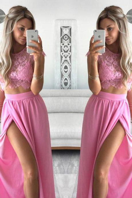 Pink Prom Dress,lace Appliques Prom Dress,two Piece Prom Dress,elegant Evening Dress,elegant Party Dresses