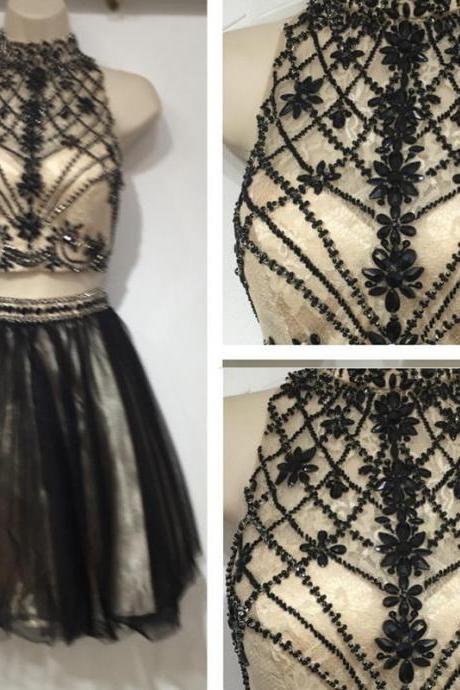two piece homecoming dress,beaded prom short dress,black homecoming dresses,short graduation dress,black cocktail dresses