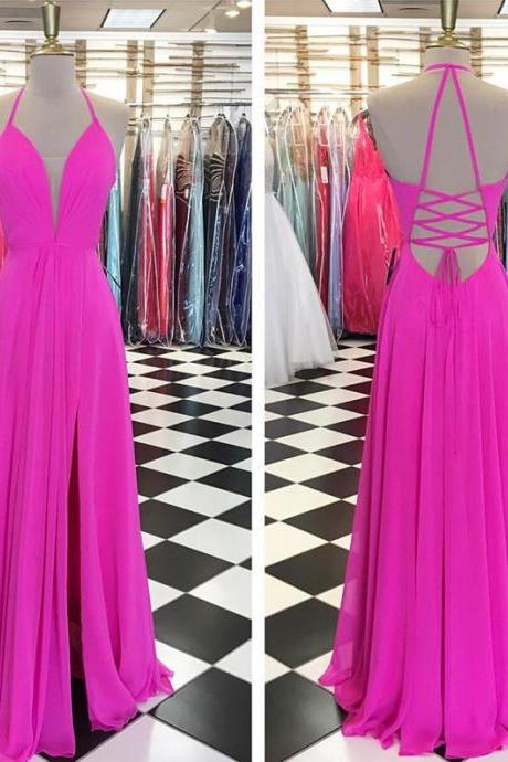 Pink Prom Dress,halter Prom Dress,sexy Prom Dress,long Chiffon Evening Dress,elegant Formal Dress,backless Prom Dress