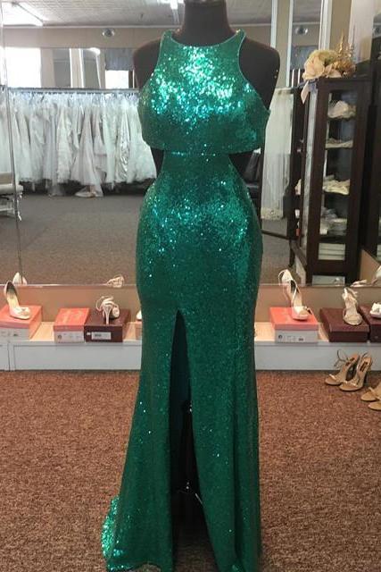 green sequins dress,mermaid evening dress,mermaid prom dress,halter prom dress