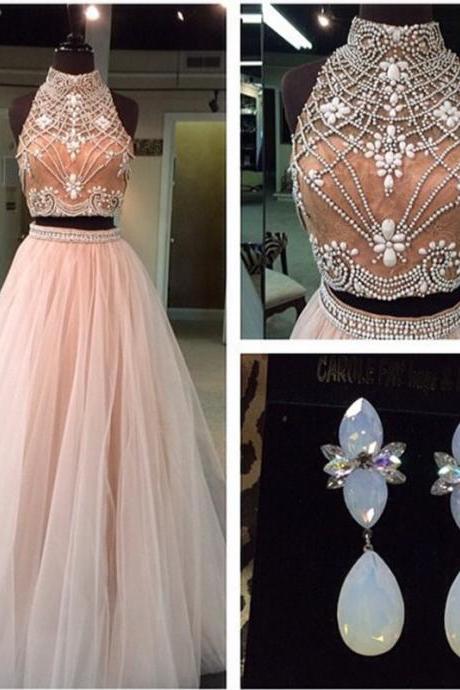 Champagne Prom Dress,pearl Beaded Ball Gowns,two Piece Prom Dresses 2017,sexy Prom Dresses