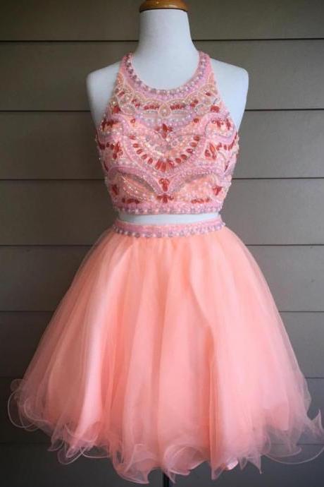 short prom dress,homecoming dresses 2 piece,coral prom dress,beaded prom dresses 2017