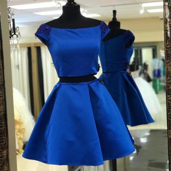 Simple Cute Two Piece Cap Sleeve Blue Homecoming Dresses 2018, CM471 main image 0