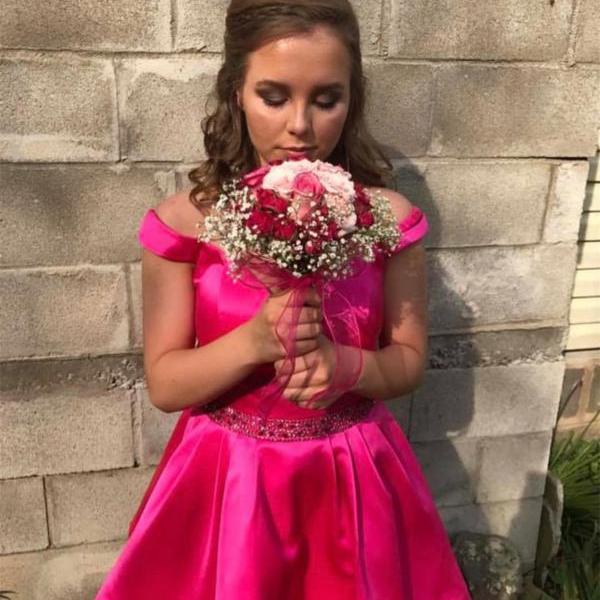 Candy Pink V Neck Back Zipper Satin Sheath Homecoming Dress main image 1