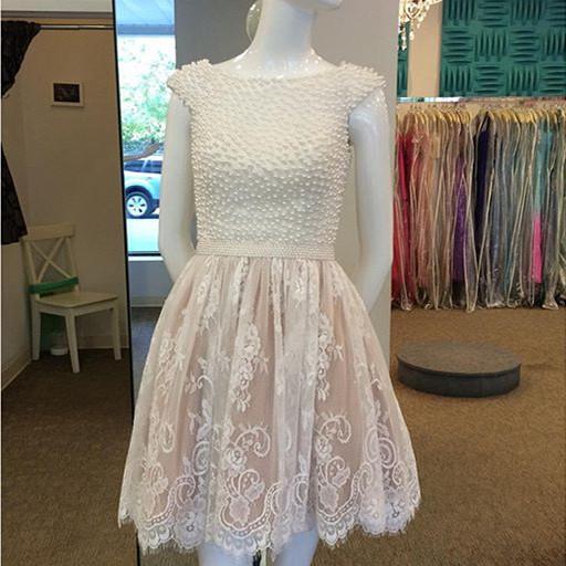 A Line Cap Sleeves Lace Homecoming Dress with Pearls, Short Lace Graduation Dress UQ2149 main image 1