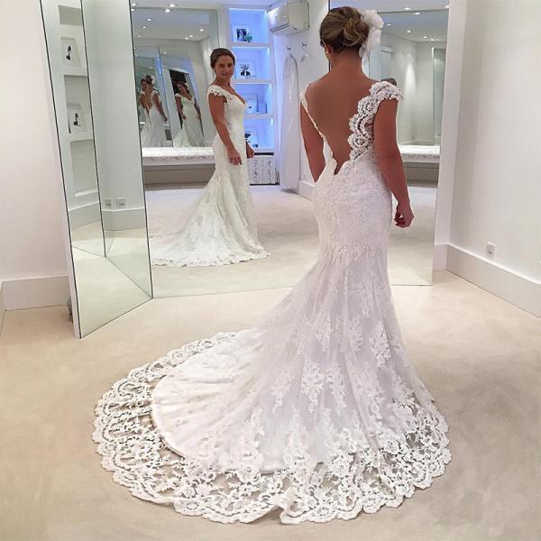 see through back v neck lace mermaid wedding gown dresses 2017 new design
