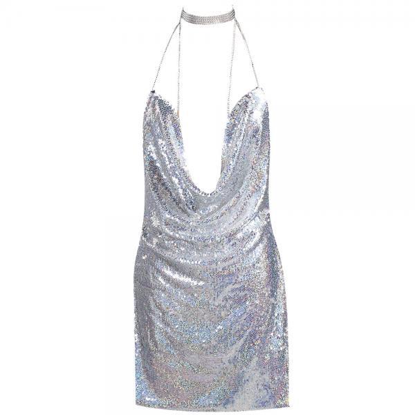 Plunging Halter Sequin Short Party Dress Featuring Open Back