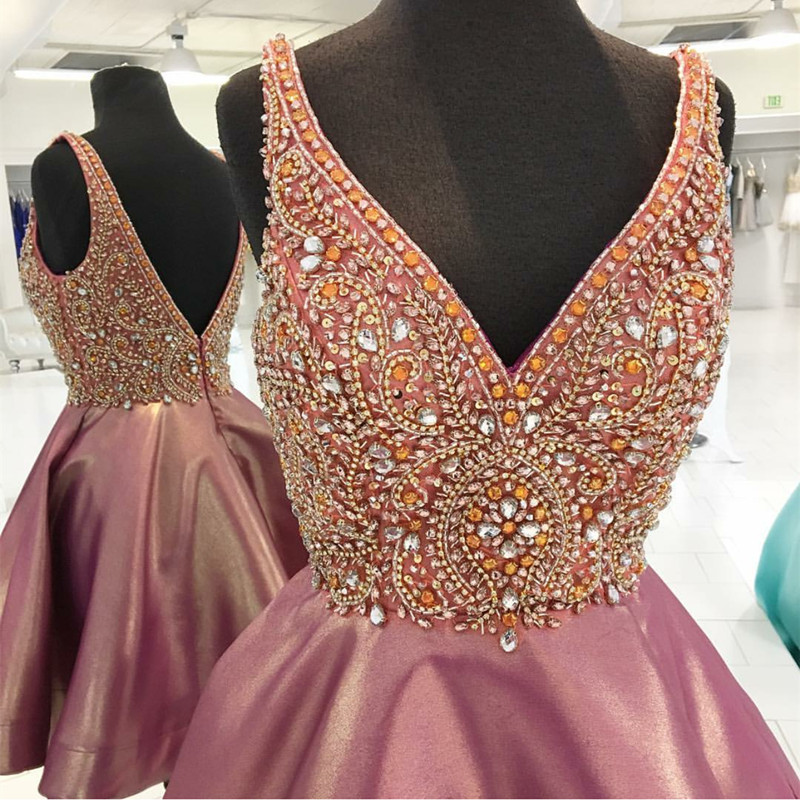 Teen Prom Dress - V Neck Satin Short Homecoming Dress With Spaghetti Straps