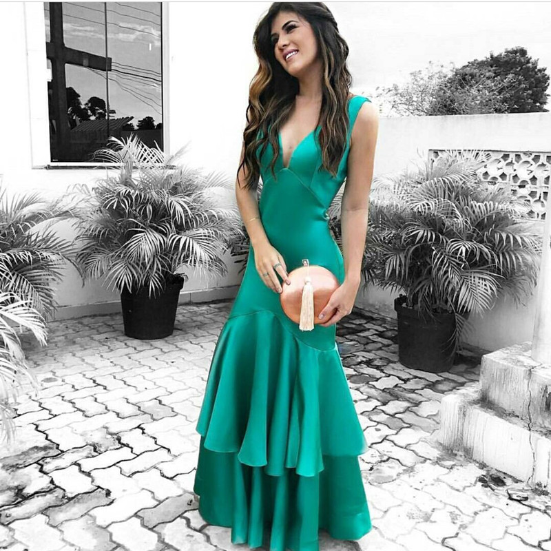 Elegant Green Satin V Neck Mermaid Prom Evening Gown Dresses With ...