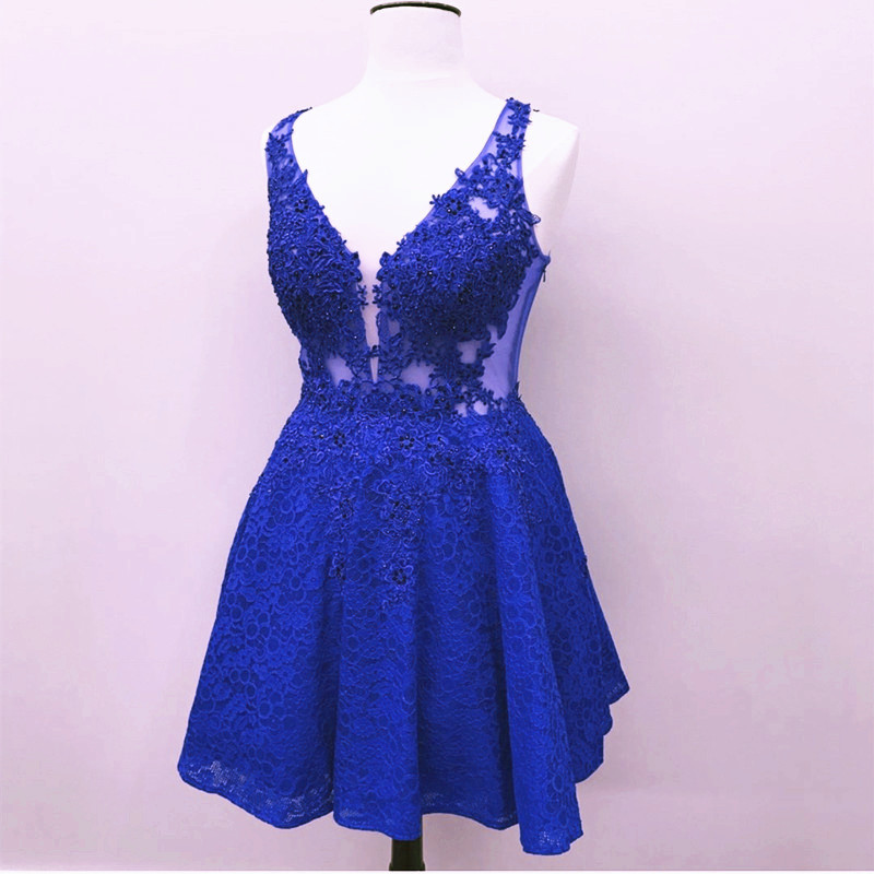 Royal Blue Homecoming Dress,Lace Homecoming Dress,Short V Neck Prom