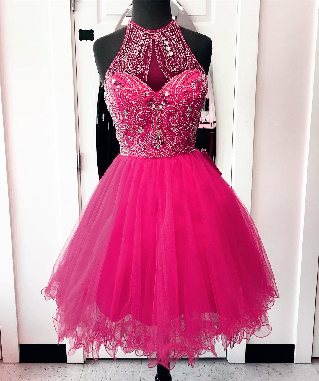 Crystal Beaded Prom Dresses Short,high Neck Dresses, Pink