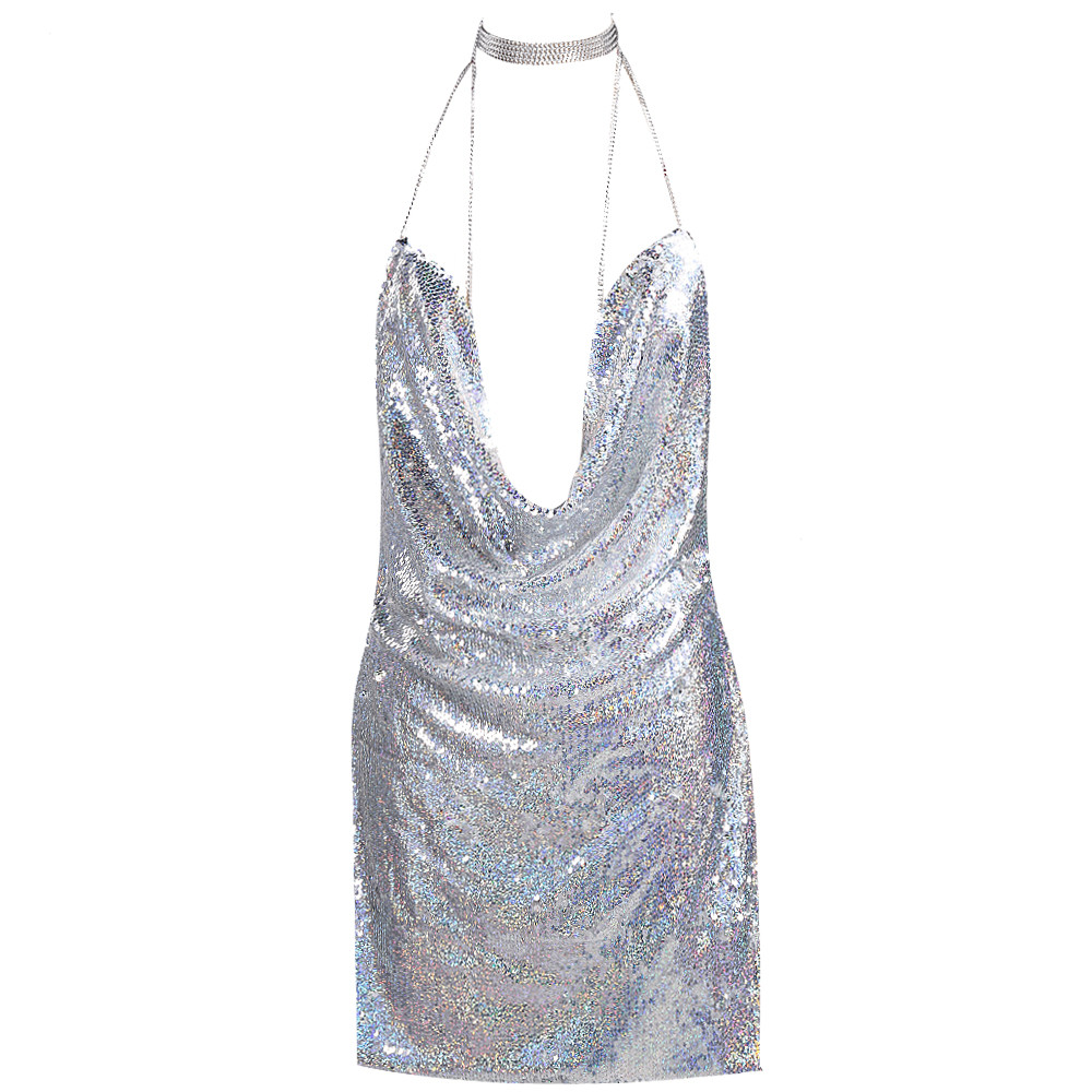 Plunging Halter Sequin Short Party Dress Featuring Open Back on Luulla